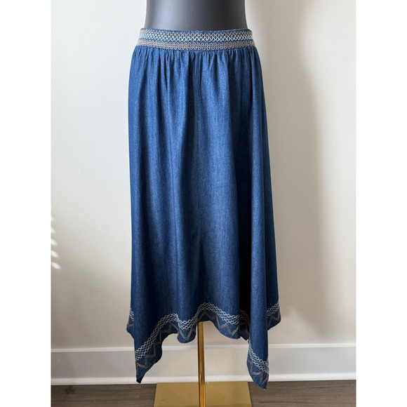 Indigo & lace Dresses & Skirts - Indigo & Lace Blue Denim Look Handkerchief Hem Embroidered Midi Skirt Womens L